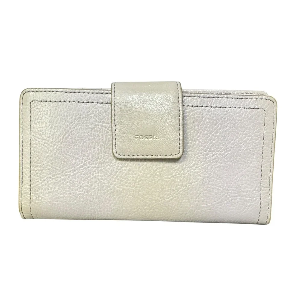 Fossil‎ Womens Beige Pebbled Leather Slim Bifold Wallet Organizer Gold Hardware